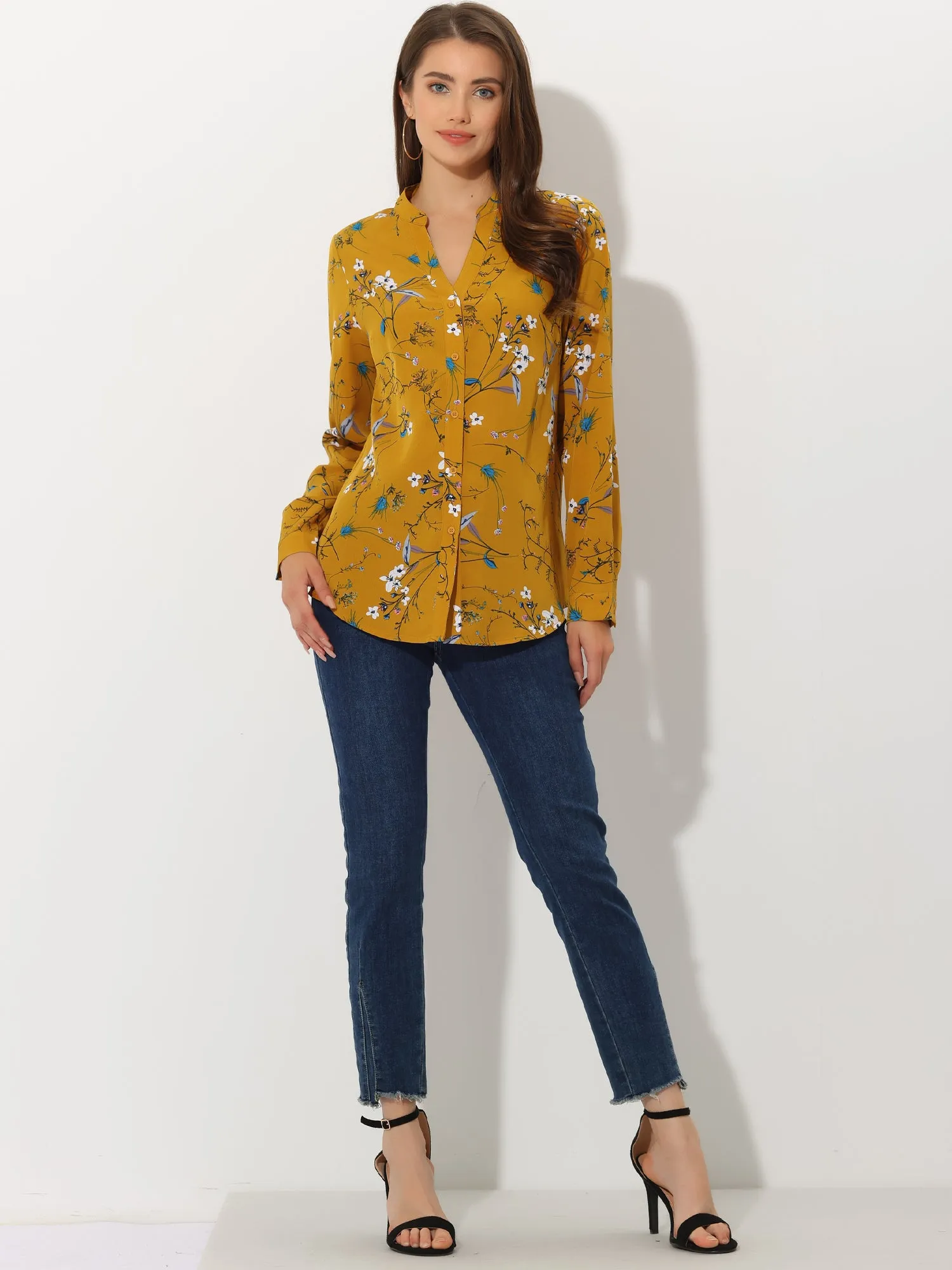 Chiffon Floral Tops V Neck Long Sleeve Button-Up Blouse Shirt